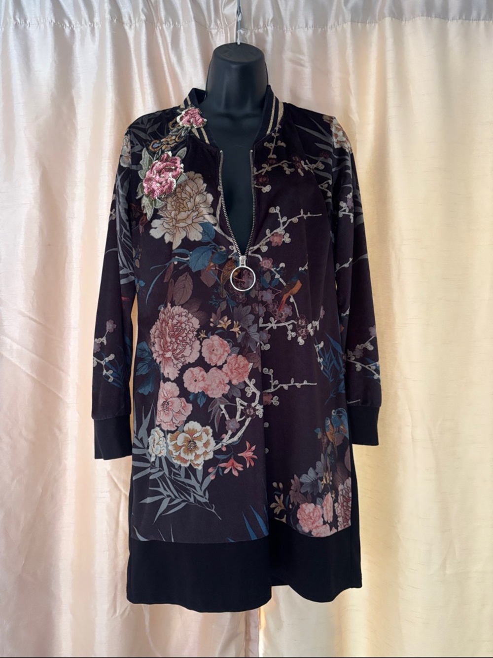 Rinascimento Black Floral Mini Dress with Pink & Blue Accents